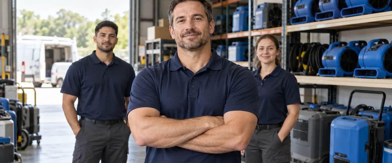 A restoration crew in their warehouse, air movers on the shelves behind them