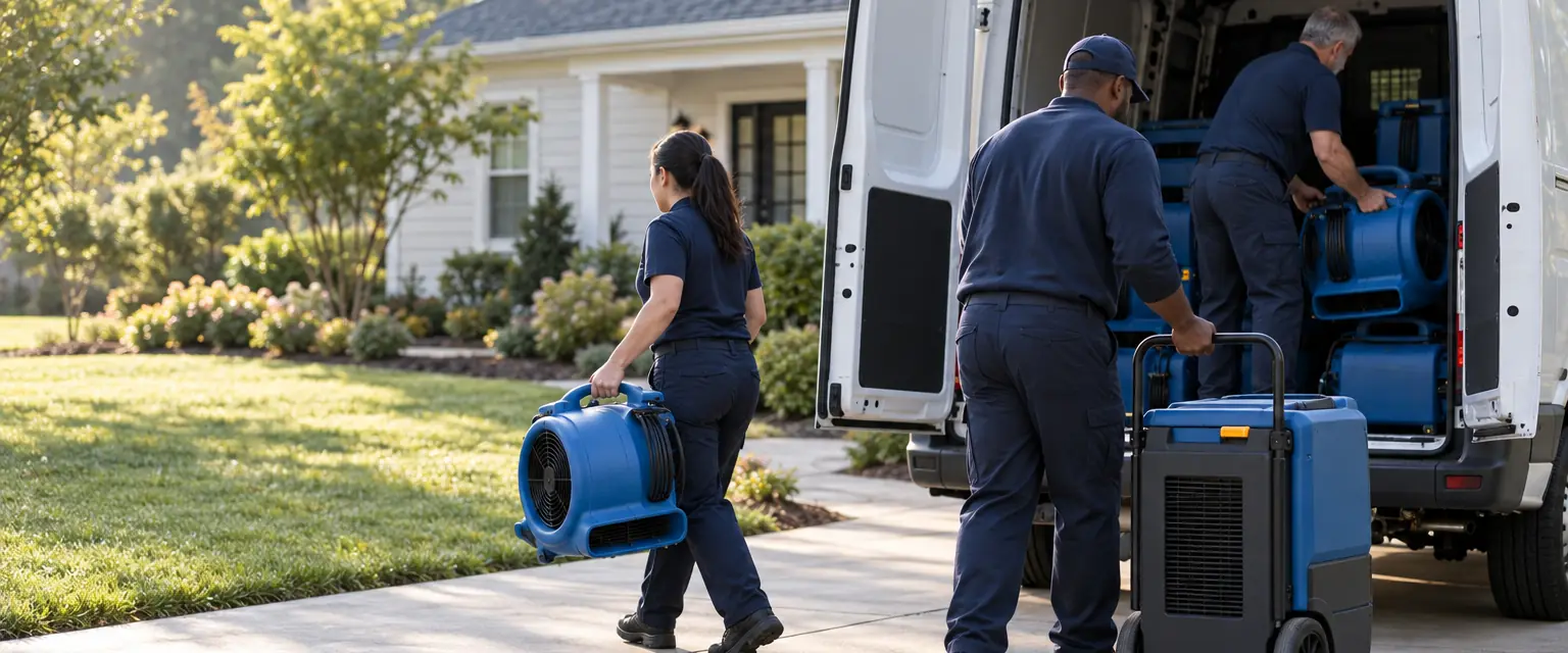 A restoration crew unloading drying equipment at a home