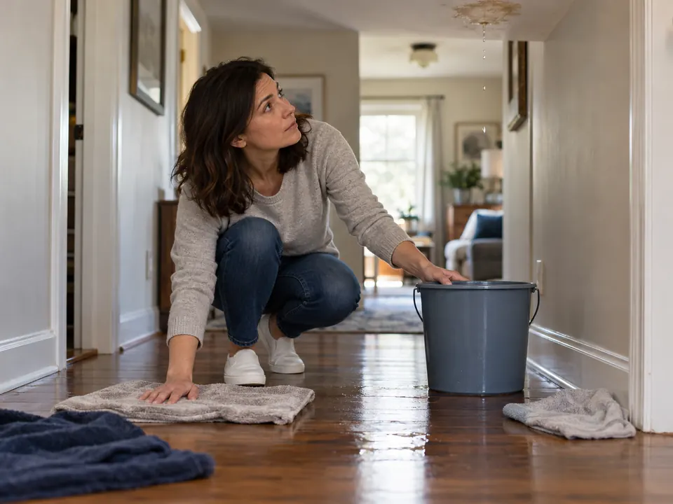 A homeowner mopping up water at the front door